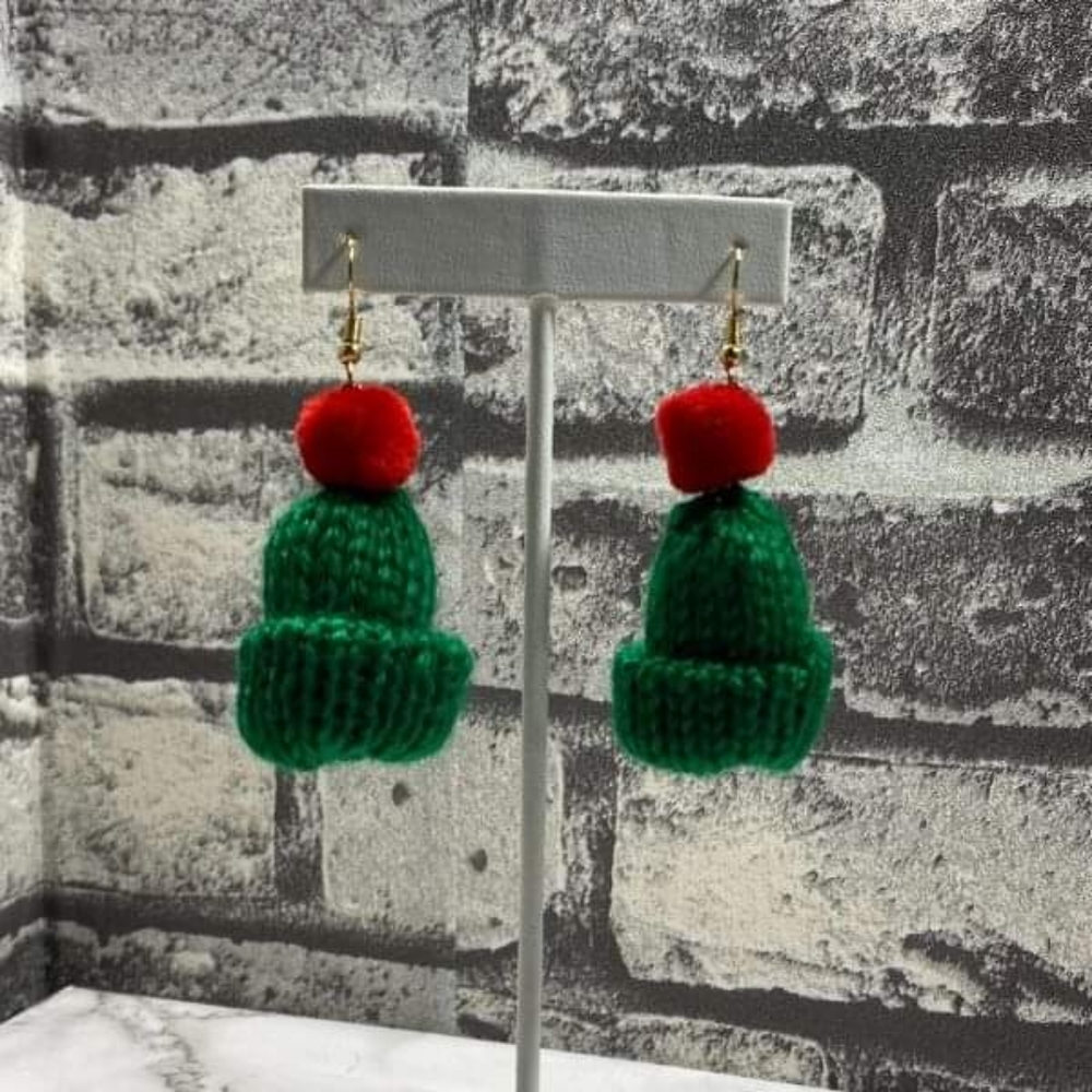 Adorable Dangle Knit Hat Holiday Earrings